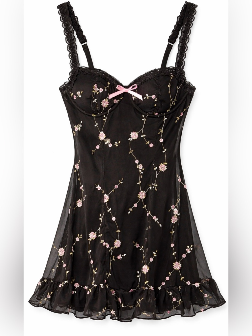 Sugar Thrillz • BLK with Pink Floral Embroidery •Romantic •Coquette •Fairycore